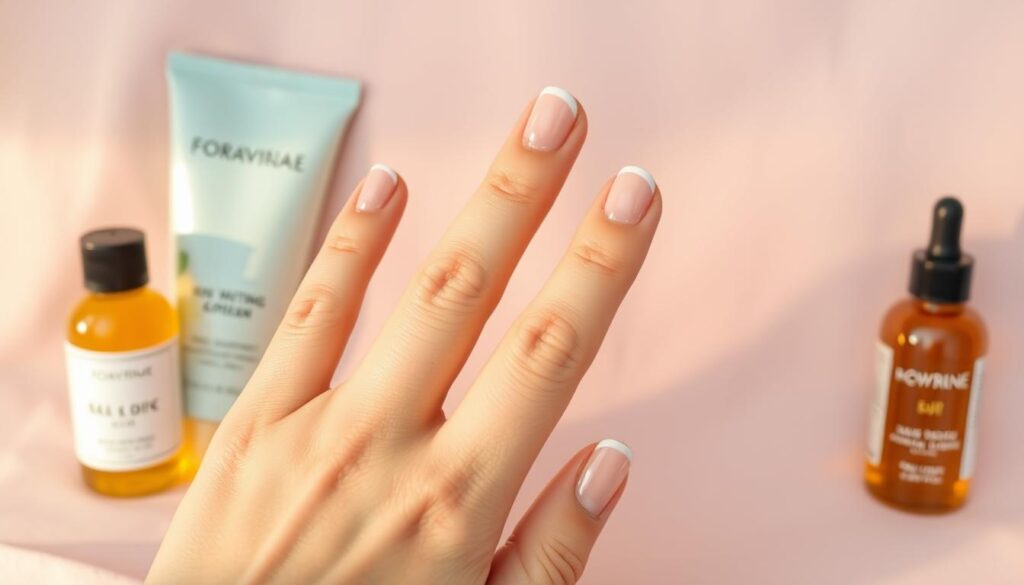 A serene, well-lit close-up of freshly-manicured nails against a soft, pastel-colored background. The nails appear healthy, with a natural, glossy shine, gently buffed and trimmed. Soothing hand creams and nail oils are neatly arranged nearby, suggesting a pampering post-removal self-care routine. The lighting is warm and diffused, creating a calming, spa-like atmosphere. The composition emphasizes the hands and nails, drawing the viewer's attention to the delicate, post-treatment care. A serene, well-lit close-up of freshly-manicured nails against a soft, pastel-colored background. The nails appear healthy, with a natural, glossy shine, gently buffed and trimmed. Soothing hand creams and nail oils are neatly arranged nearby, suggesting a pampering post-removal self-care routine. The lighting is warm and diffused, creating a calming, spa-like atmosphere. The composition emphasizes the hands and nails, drawing the viewer's attention to the delicate, post-treatment care.
