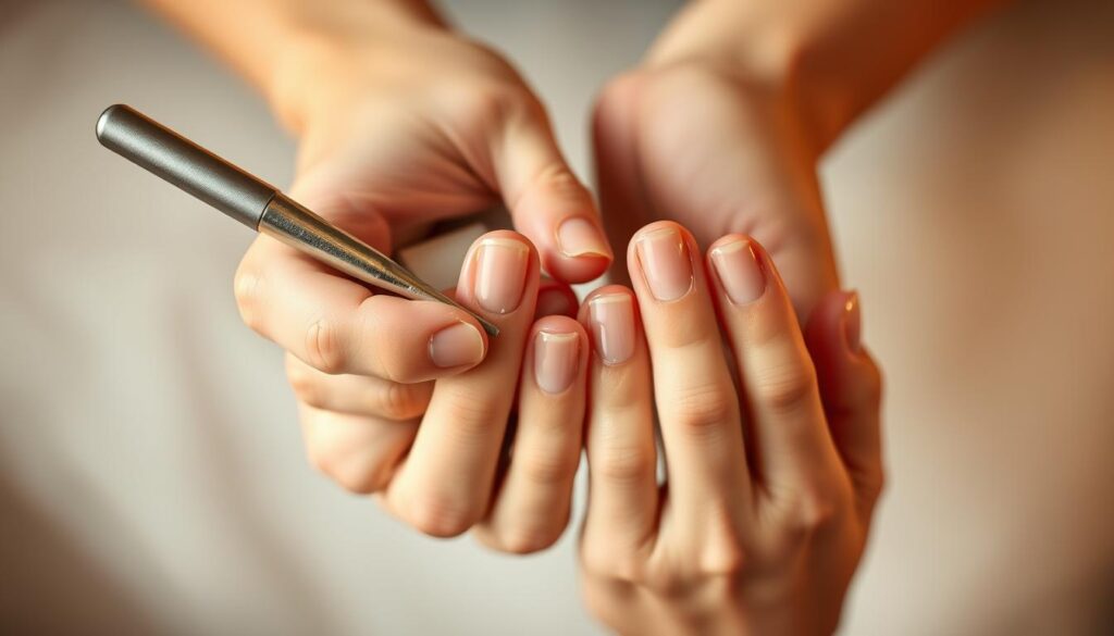 A serene, well-lit closeup of a woman's hands carefully prepping her natural nails for press-on application. The nails are filed, buffed, and cleaned, revealing a smooth, even surface. The hands are positioned against a soft, neutral background, with a shallow depth of field that keeps the nails in sharp focus. Subtle, warm lighting from above casts a gentle glow, highlighting the healthy nail beds and cuticles. The overall mood is one of attentive care and preparation, setting the stage for a seamless press-on nail application. A serene, well-lit closeup of a woman's hands carefully prepping her natural nails for press-on application. The nails are filed, buffed, and cleaned, revealing a smooth, even surface. The hands are positioned against a soft, neutral background, with a shallow depth of field that keeps the nails in sharp focus. Subtle, warm lighting from above casts a gentle glow, highlighting the healthy nail beds and cuticles. The overall mood is one of attentive care and preparation, setting the stage for a seamless press-on nail application.
