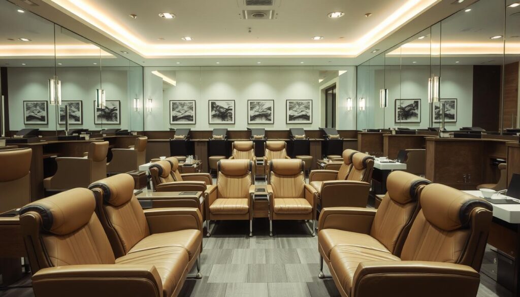 A serene, well-lit salon interior with tiers of luxurious manicure stations. The foreground showcases a row of plush, leather-upholstered chairs arranged in a semicircle, each with a dedicated nail technician's workstation. The middle ground features additional tiers of manicure stations, strategically placed to provide privacy and personalized attention to each client. In the background, a wall-to-wall mirror reflects the elegant decor, including soft lighting fixtures and tranquil artwork. The overall atmosphere exudes professionalism, comfort, and a touch of sophistication, conveying the premium experience one would expect at a high-end nail salon. A serene, well-lit salon interior with tiers of luxurious manicure stations. The foreground showcases a row of plush, leather-upholstered chairs arranged in a semicircle, each with a dedicated nail technician's workstation. The middle ground features additional tiers of manicure stations, strategically placed to provide privacy and personalized attention to each client. In the background, a wall-to-wall mirror reflects the elegant decor, including soft lighting fixtures and tranquil artwork. The overall atmosphere exudes professionalism, comfort, and a touch of sophistication, conveying the premium experience one would expect at a high-end nail salon.
