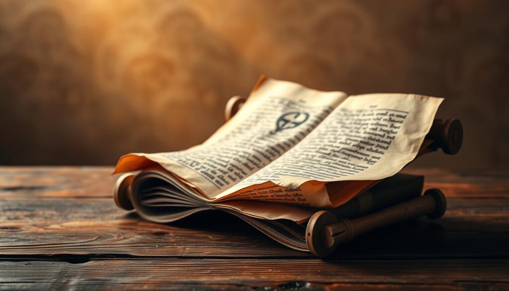 A serene, well-lit scene showcasing ancient parchment scrolls resting on a wooden table. The scrolls feature ornate calligraphic text, evoking a sense of spiritual wisdom and guidance. Soft, warm lighting casts a serene glow, creating an atmosphere of contemplation and inner reflection. The background is a subtly blurred, neutral-toned environment, allowing the scrolls to be the central focus. Subtle shadows and highlights accentuate the textures and details of the parchment, drawing the viewer's eye to the sacred, time-honored scriptures. The overall composition conveys a sense of peace, inspiration, and the power of scripture to help overcome personal struggles.