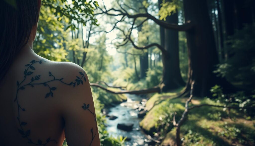 A serene woodland scene, dappled with soft sunlight filtering through the lush, verdant foliage. In the foreground, delicate floral tattoos adorn the skin, their intricate designs mirroring the natural beauty of the surrounding flora. Trailing vines, delicate blossoms, and intricate leaf patterns intertwine, creating a harmonious blend of the human form and the enchanting world of nature. The middle ground features a tranquil stream, its gentle current reflecting the swaying branches overhead. In the background, towering trees stand tall, their sturdy trunks and canopies framing the scene with a sense of timeless wonder. The overall mood is one of peace, balance, and a deep connection to the natural world.