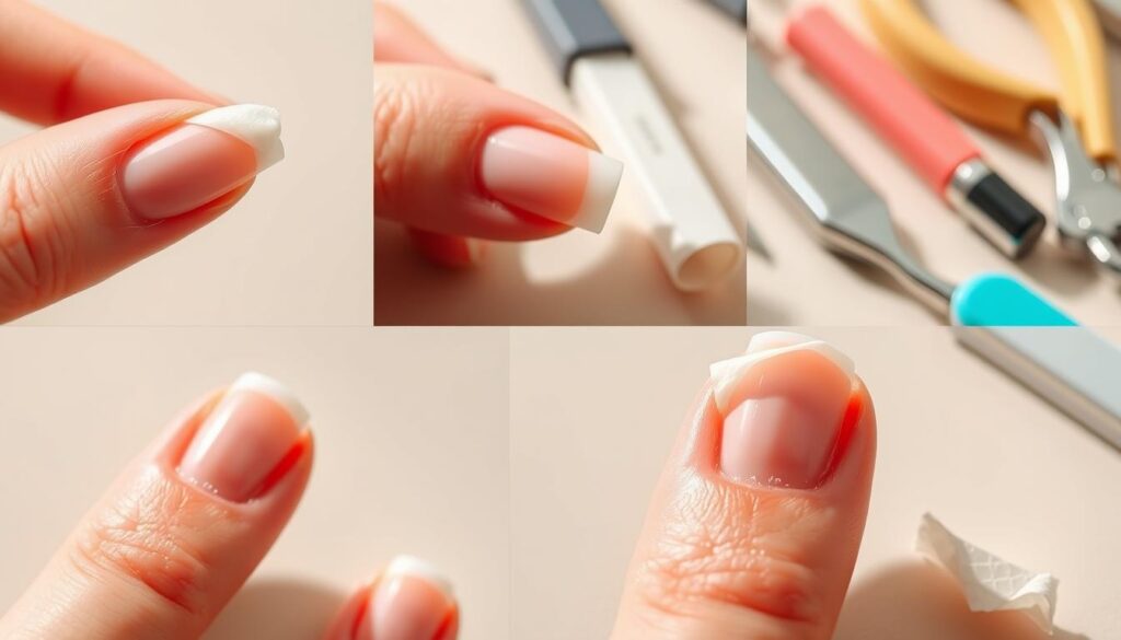 A series of detailed close-up shots showcasing the step-by-step process of removing fake nails. In the foreground, a hand gently lifts the edge of a fake nail, revealing the natural nail underneath. The middle ground shows the gradual peeling away of the acrylic layer, with a focused view on the adhesive and underlying nail bed. In the background, various nail care tools, such as cuticle pushers and files, are neatly arranged, creating a sense of order and professionalism. Soft, natural lighting from the side accentuates the textures and shadows, guiding the viewer's eye through the delicate procedure. The overall mood is one of careful attention and attention to detail, befitting the sensitive nature of the task. A series of detailed close-up shots showcasing the step-by-step process of removing fake nails. In the foreground, a hand gently lifts the edge of a fake nail, revealing the natural nail underneath. The middle ground shows the gradual peeling away of the acrylic layer, with a focused view on the adhesive and underlying nail bed. In the background, various nail care tools, such as cuticle pushers and files, are neatly arranged, creating a sense of order and professionalism. Soft, natural lighting from the side accentuates the textures and shadows, guiding the viewer's eye through the delicate procedure. The overall mood is one of careful attention and attention to detail, befitting the sensitive nature of the task.