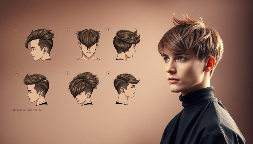 A series of detailed step-by-step illustrations showcasing the essential techniques for achieving the trendy wolf cut hairstyle. The foreground features a close-up of a model's head with the hair in various stages of the cut, highlighting the key steps - from sectioning and layering to texturizing and styling. The middle ground depicts a full head-and-shoulders view of the model, revealing the shape and flow of the final wolf cut look. The background is a softly blurred studio setting with muted tones, allowing the hairstyling details to take center stage. Warm, directional lighting accentuates the texture and movement of the layered, shaggy haircut. Crisp, high-resolution imagery captured with a professional DSLR lens.