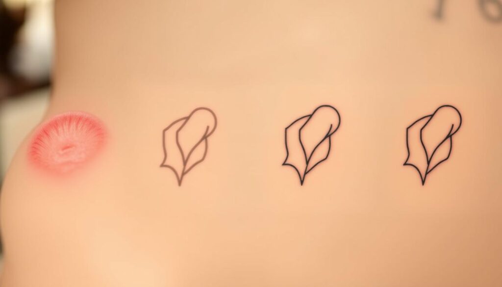 A series of four staged illustrations showcasing the healing process of a fresh tattoo. The foreground depicts a realistic, close-up view of the skin in each stage, from the initial redness and swelling to the final healed state. The middle ground features subtle sketched outlines of the tattoo design, gradually becoming more defined as the skin recovers. The background is a softly blurred, neutral-toned environment, allowing the focus to remain on the tattoo's progression. Warm, natural lighting illuminates the skin, conveying a sense of care and attention. The overall mood is one of informative clarity, guiding the viewer through the essential steps of proper tattoo aftercare.