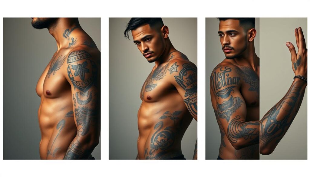 A series of high-resolution, hyper-realistic portraits showcasing the evolution of Neymar Jr's intricate tattoo collection over the years. The foreground depicts the famous Brazilian footballer's torso and arms, with his numerous tattoos - from delicate script to bold tribal designs - meticulously rendered in striking detail. The middle ground offers a closer look at the meaningful symbols and personal motifs that adorn his skin, capturing the story behind each ink work. The background subtly fades into a neutral, minimalist setting, allowing the tattoos to take center stage and command attention. Soft, warm lighting accentuates the depth and texture of the tattoos, creating a sense of intimacy and personal narrative. Captured with a sharp, wide-angle lens to provide a comprehensive, immersive view of Neymar Jr's tattoo evolution over time.