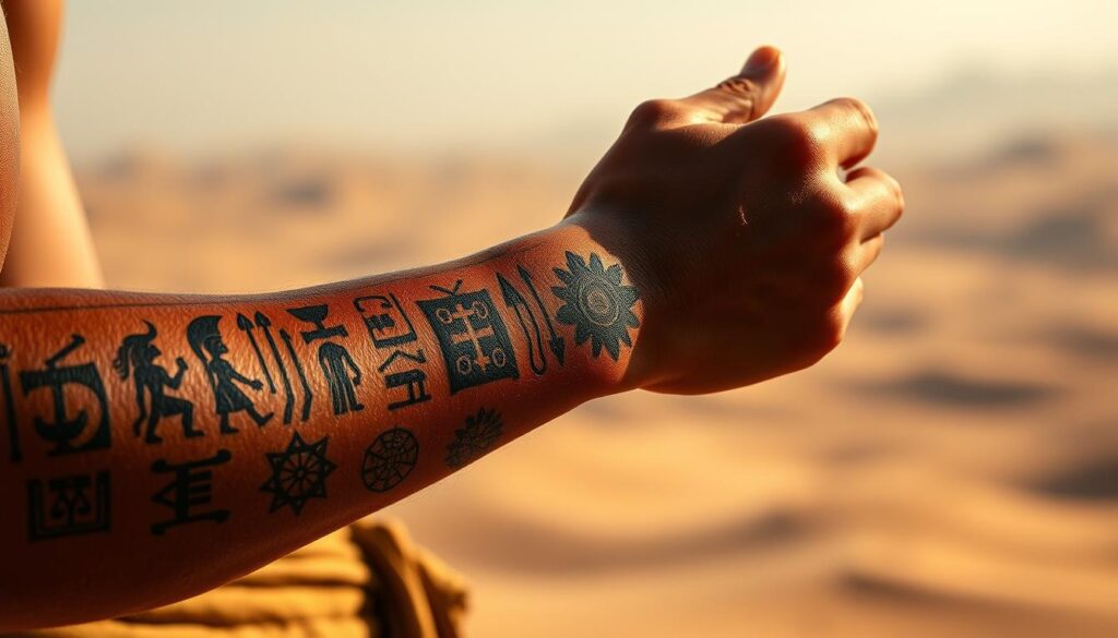 A series of intricate Egyptian protection tattoos adorn the forearm of a figure in the foreground, their skin bronzed and glowing under natural, raking light. The tattoos depict sacred hieroglyphic symbols, ancient deities, and talismanic motifs, each one imbued with deep mystical meaning and protective power. In the middle ground, the figure's hand rests gently, fingers tracing the inked designs, while the background fades into a subtle, hazy desert landscape, hinting at the timeless, otherworldly essence of these powerful, symbolic markings.