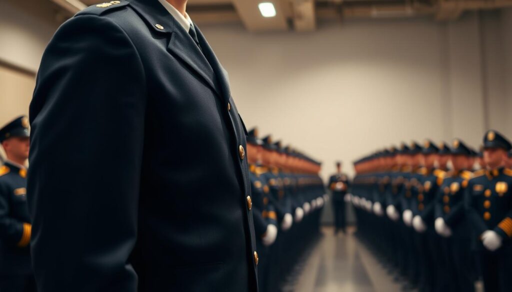 A sharply dressed military officer stands at attention, their uniform crisp and pristine. The lighting is bright and even, highlighting the precise creases and gleaming buttons. In the background, a neatly arranged row of military personnel, their posture and bearing exuding discipline and professionalism. The scene conveys a sense of order, precision, and the unwavering standards of military attire, perfectly capturing the essence of "military uniform discipline." A sharply dressed military officer stands at attention, their uniform crisp and pristine. The lighting is bright and even, highlighting the precise creases and gleaming buttons. In the background, a neatly arranged row of military personnel, their posture and bearing exuding discipline and professionalism. The scene conveys a sense of order, precision, and the unwavering standards of military attire, perfectly capturing the essence of "military uniform discipline."