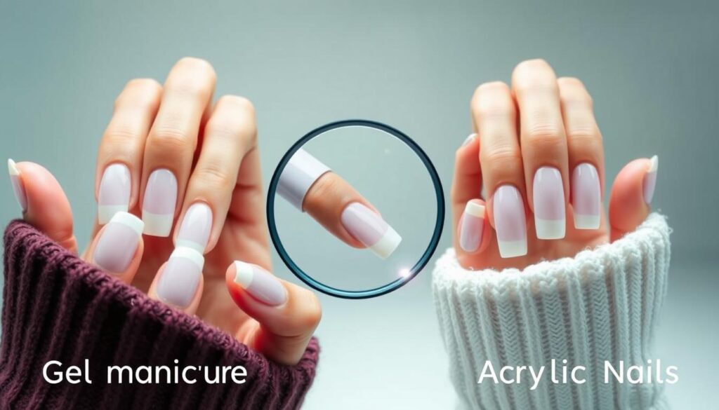 A side-by-side comparison of a gel manicure and an acrylic nail set, showcasing their distinct durability. In the foreground, two hands display the nails - one with a glossy, smooth gel polish, the other with a solid acrylic overlay. The middle ground features a magnifying glass, highlighting the fine details and textures of the two nail types. The background is a clean, minimalist studio setting, with soft, diffused lighting that accentuates the nail surfaces. The overall mood is one of scientific analysis, inviting the viewer to closely examine and compare the resilience and longevity of these popular nail enhancement options. A side-by-side comparison of a gel manicure and an acrylic nail set, showcasing their distinct durability. In the foreground, two hands display the nails - one with a glossy, smooth gel polish, the other with a solid acrylic overlay. The middle ground features a magnifying glass, highlighting the fine details and textures of the two nail types. The background is a clean, minimalist studio setting, with soft, diffused lighting that accentuates the nail surfaces. The overall mood is one of scientific analysis, inviting the viewer to closely examine and compare the resilience and longevity of these popular nail enhancement options.