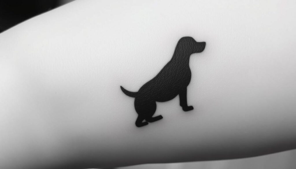 A simple, elegant dog memorial tattoo design featuring a minimalist silhouette of a canine figure in a monochromatic, high-contrast style. The design is rendered in a clean, modern aesthetic with a focus on negative space and subtle details. The dog's silhouette is depicted in a somber, thoughtful pose, conveying a sense of quiet remembrance. The tattoo is imagined as a small, delicate piece, suitable for placement on the wrist, behind the ear, or another intimate location. Subtle shading and texturing add depth and visual interest, while the overall composition maintains a minimalist, understated elegance.