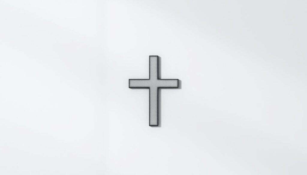 A simple, minimalist cross tattoo design with a clean, geometric aesthetic. The cross should be rendered in a muted, monochromatic palette, perhaps shades of gray or charcoal, with a smooth, uniform texture. The design should be balanced and symmetrical, with the cross positioned prominently in the center of the frame. The background should be plain and uncluttered, allowing the tattoo design to be the sole focus. The lighting should be soft and diffused, creating subtle shadows and highlights that accentuate the minimalist lines and forms. The overall mood should be one of understated elegance and quiet spiritual reflection.