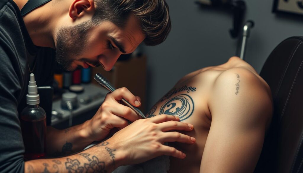 A skilled tattoo artist meticulously working on an intricate design, the needle gliding effortlessly over the client's skin. The workspace is well-lit, with a clean, professional aesthetic - stainless steel equipment, ink bottles in vibrant hues, and a tactile leather chair. The artist's face is focused, brows furrowed in concentration, as they bring the tattoo to life with careful, measured strokes. The client's skin is taut, muscles relaxed, trusting the artist's expertise. The atmosphere is one of quiet intensity, a delicate dance between the tattooer and the canvas. The final result will be a testament to the artist's craft, a permanent work of art etched into the skin.
