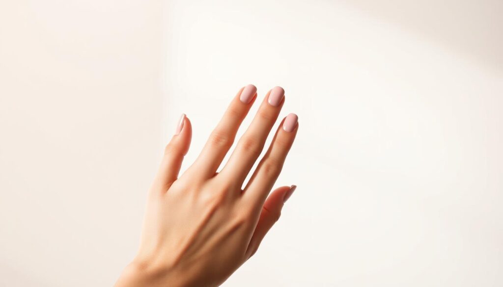 A sleek and modern-looking manicured hand against a clean, minimalist background. The nails are painted with a lustrous, high-shine gel polish in a soft, flattering shade. The hand is elegantly posed, showcasing the beautiful, durable gel nails. Soft, diffused lighting creates a warm, inviting atmosphere, highlighting the smooth, glossy texture of the gel. The overall scene conveys the luxurious, salon-quality results that can be achieved with gel nails done at home, as well as the convenience and time-saving benefits of this DIY approach. A sleek and modern-looking manicured hand against a clean, minimalist background. The nails are painted with a lustrous, high-shine gel polish in a soft, flattering shade. The hand is elegantly posed, showcasing the beautiful, durable gel nails. Soft, diffused lighting creates a warm, inviting atmosphere, highlighting the smooth, glossy texture of the gel. The overall scene conveys the luxurious, salon-quality results that can be achieved with gel nails done at home, as well as the convenience and time-saving benefits of this DIY approach.
