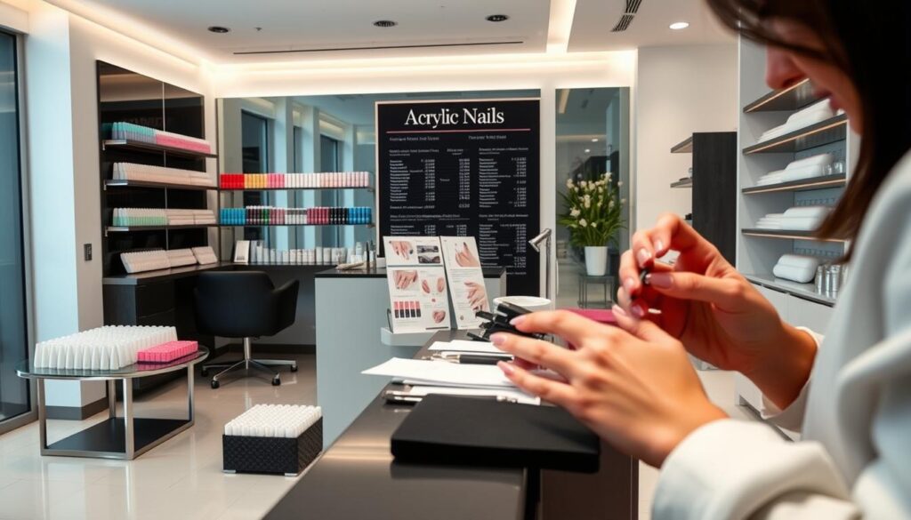 A sleek and modern salon setting, with a central counter showcasing an array of acrylic nail tips, colors, and tools. In the foreground, a manicurist's hands delicately applying acrylic enhancements to a client's nails, captured in a close-up composition. The middle ground features a display of pricing and service menus, highlighting the various acrylic nail options and corresponding costs. The background depicts a minimalist, well-lit space with clean lines and a soothing, spa-like ambiance, conveying a sense of professionalism and attention to detail. A sleek and modern salon setting, with a central counter showcasing an array of acrylic nail tips, colors, and tools. In the foreground, a manicurist's hands delicately applying acrylic enhancements to a client's nails, captured in a close-up composition. The middle ground features a display of pricing and service menus, highlighting the various acrylic nail options and corresponding costs. The background depicts a minimalist, well-lit space with clean lines and a soothing, spa-like ambiance, conveying a sense of professionalism and attention to detail.