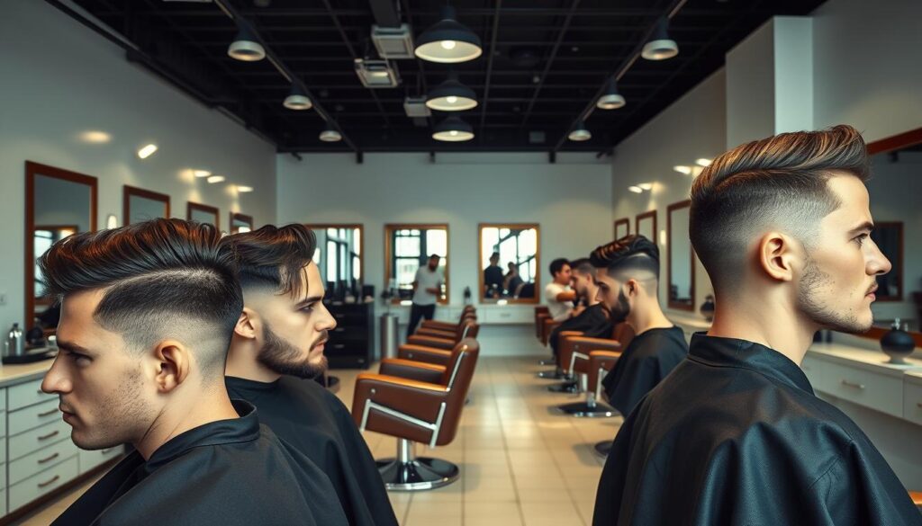 A sleek, contemporary barbershop interior with a stylish array of men's haircut styles on display. The foreground showcases diverse haircuts on male models - neatly trimmed classic cuts, modern fades, textured quiffs, and other on-trend looks. Soft, directional lighting highlights the details and shine of the hairstyles. In the middle ground, the barbershop's clean, minimalist decor is visible - crisp white tiles, vintage-inspired leather chairs, and wooden accents. The background features a wall of mirrors reflecting the salon's activities, creating a sense of depth and professionalism. An overall atmosphere of sophistication, expertise, and personal style evokes the essence of finding the perfect men's haircut. A sleek, contemporary barbershop interior with a stylish array of men's haircut styles on display. The foreground showcases diverse haircuts on male models - neatly trimmed classic cuts, modern fades, textured quiffs, and other on-trend looks. Soft, directional lighting highlights the details and shine of the hairstyles. In the middle ground, the barbershop's clean, minimalist decor is visible - crisp white tiles, vintage-inspired leather chairs, and wooden accents. The background features a wall of mirrors reflecting the salon's activities, creating a sense of depth and professionalism. An overall atmosphere of sophistication, expertise, and personal style evokes the essence of finding the perfect men's haircut.