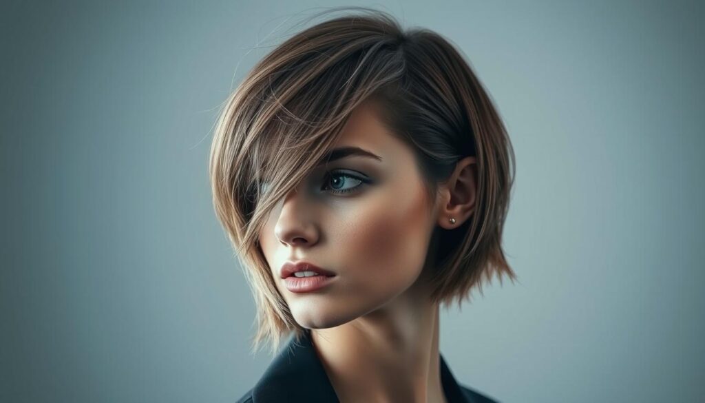 A sleek, contemporary take on the wolf cut hairstyle. A stylish bob with subtle layers and soft, wispy bangs frames the model's face in a sophisticated, yet edgy manner. Soft, diffused lighting from the side accentuates the textured, feathered strands and creates a sense of depth and dimension. The model's expression is calm and poised, conveying a confident, modern aesthetic. The background is a minimalist, slightly blurred studio setting, allowing the hairstyle to be the focal point of the image.