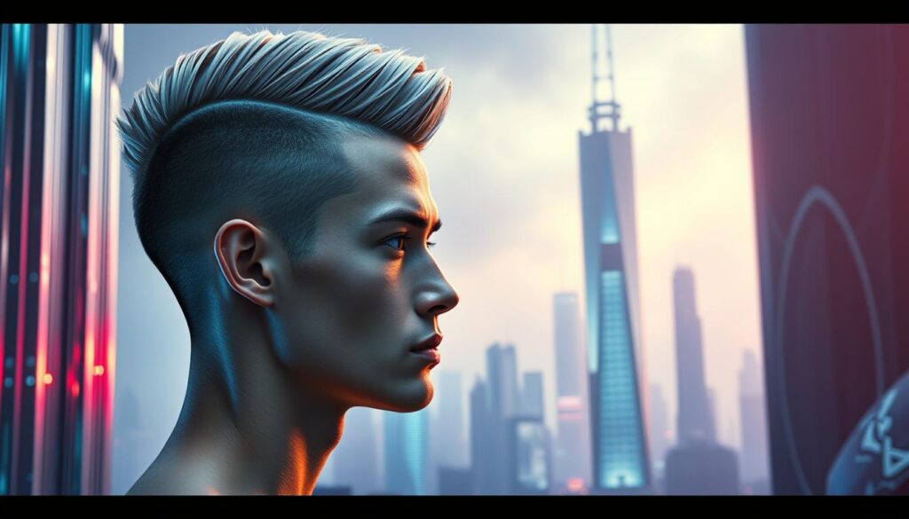 A sleek, futuristic hairstyle against a backdrop of metallic and holographic elements. In the foreground, a model showcases a striking, minimalist haircut with sharp, geometric lines and an iridescent sheen. The middle ground features a cityscape of towering, chrome skyscrapers and holograms projecting abstract patterns. The background is a hazy, neon-tinged environment, suggesting a visionary, cyberpunk-inspired aesthetic. Dramatic, high-contrast lighting creates a sense of drama and technological advancement, while the overall composition conveys a vision of innovative, avant-garde men's hairstyles of the future. A sleek, futuristic hairstyle against a backdrop of metallic and holographic elements. In the foreground, a model showcases a striking, minimalist haircut with sharp, geometric lines and an iridescent sheen. The middle ground features a cityscape of towering, chrome skyscrapers and holograms projecting abstract patterns. The background is a hazy, neon-tinged environment, suggesting a visionary, cyberpunk-inspired aesthetic. Dramatic, high-contrast lighting creates a sense of drama and technological advancement, while the overall composition conveys a vision of innovative, avant-garde men's hairstyles of the future.