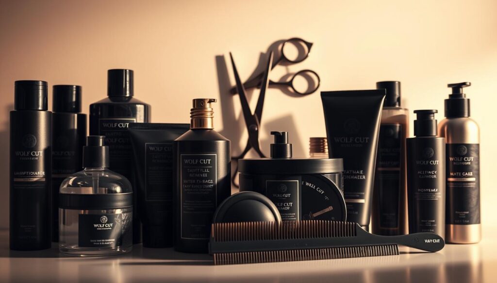A sleek, high-quality arrangement of premium wolf cut styling products. In the foreground, a selection of sophisticated hair care items such as shampoo, conditioner, and hair gel, arranged in a visually appealing manner. The middle ground features a pair of professional-grade scissors and a comb, casting subtle shadows and creating depth. The background is a softly blurred, minimalist setting, allowing the products to take center stage. Warm, directional lighting accentuates the sheen and textures of the items, conveying a sense of luxury and attention to detail. The overall mood is one of sophistication, professionalism, and the tools necessary to master the wolf cut hairstyle.