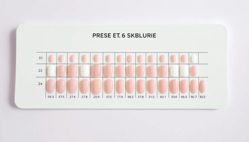 A sleek, high-quality image of a press-on nail size chart. The chart is displayed on a clean, neutral-colored background, allowing it to be the focal point. The nails are arranged in a grid, showcasing a range of sizes and shapes, including square, oval, and almond. The lighting is soft and diffused, creating a professional, studio-like appearance. The image has a sharp, high-resolution clarity, ensuring that the details of the nail sizes and shapes are clearly visible. The overall aesthetic is modern, minimalist, and visually appealing, reflecting the subject matter and complementing the article's "How to Make Press On Nails Last: Simple Steps" theme.