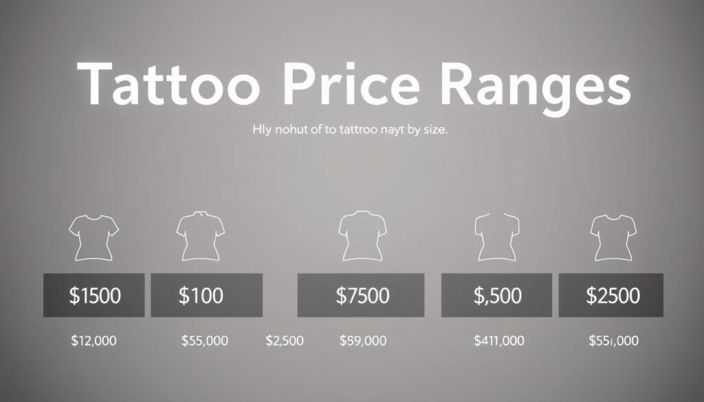 A sleek, minimalist infographic showcasing "Tattoo Price Ranges by Size". The foreground features a series of simple tattoo outlines, each with a distinct size and corresponding price range displayed below in a clean, modern font. The middle ground shows a smooth, neutral-toned background, perhaps a subtle gradient or texture, to create a sense of depth and professionalism. The lighting is soft and even, accentuating the clarity of the information. The angle is a slightly elevated perspective, giving the viewer a comprehensive overview of the data. The overall mood is informative, visually appealing, and tailored to the "Tattoo Pricing: A Guide to How Much They Cost" article and its "How Much Are Tattoos: Breaking Down the Numbers" section.
