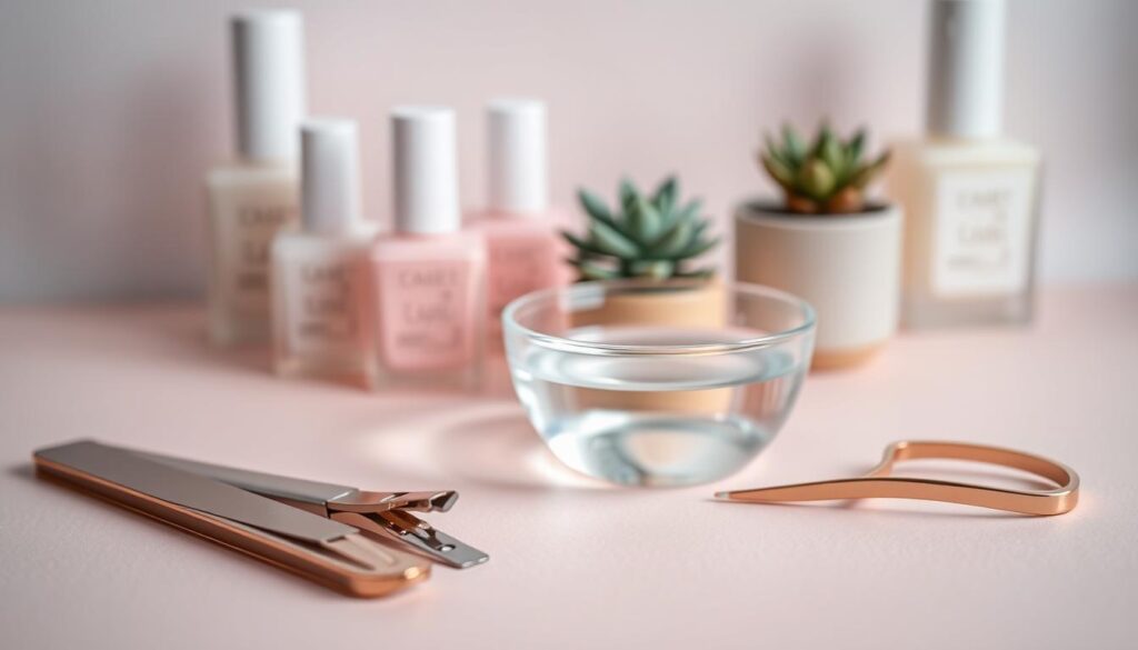 A sleek, minimalist set of nail care tools arranged on a soft, muted background. In the foreground, a glass nail file, cuticle pusher, and nail clippers in rose gold or silver tones are neatly displayed. The middle ground showcases a small glass bowl filled with translucent nail soaking solution, casting gentle reflections. In the background, a soft, out-of-focus array of pastel-colored nail polish bottles and a small potted succulent plant create a serene, spa-like atmosphere. Soft, diffused lighting from above highlights the textures and materials, creating a sense of tranquility and wellness.