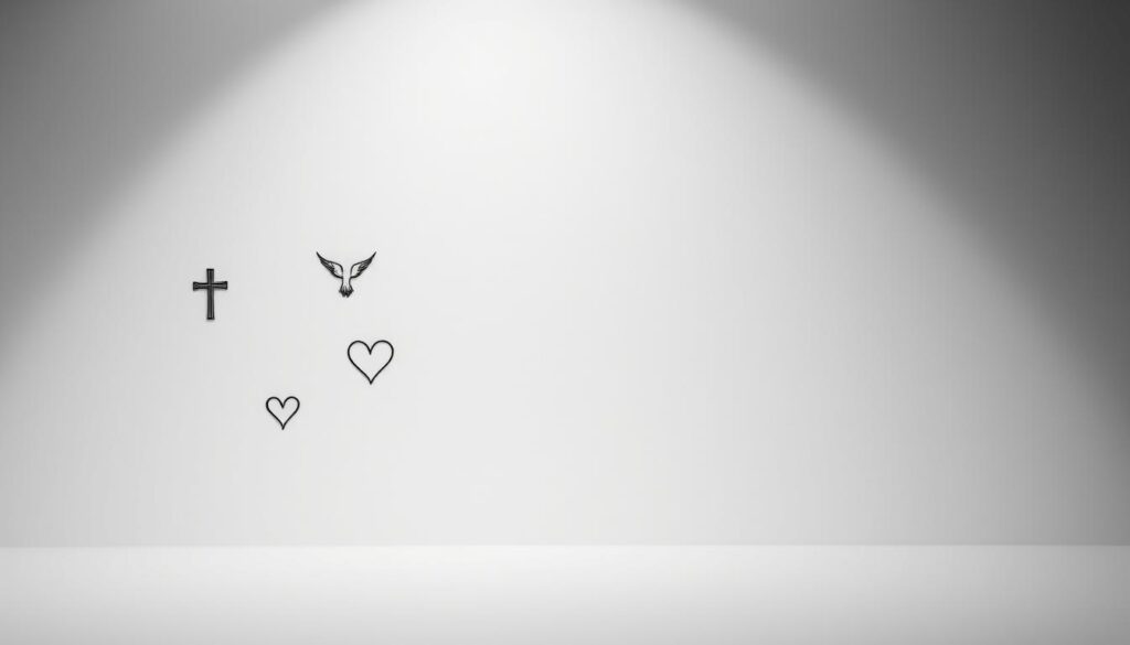 A sleek, minimalist tattoo canvas featuring delicately etched Bible verse designs. The foreground showcases a variety of simple, elegant line art depictions of verses, like a single cross, a dove, or a heart-shaped design. The middle ground presents the verses themselves in a clean, serif font, their words carrying profound spiritual weight. The background is a muted, monochromatic palette, allowing the tattoos to take center stage in a sophisticated, understated manner. Soft, directional lighting casts subtle shadows, accentuating the intricate linework. The overall composition radiates a sense of tranquility, inviting the viewer to meditate on the timeless wisdom of the scriptures.