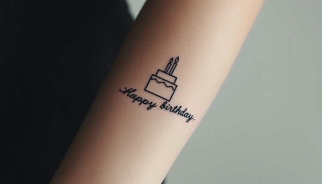 A sleek, minimalist tattoo design featuring a simple line-drawn birthday cake silhouette, subtle shading, and a delicate, cursive "Happy Birthday" inscription. The tattoo is depicted in high-contrast black ink against the subject's skin, with a focus on clean lines, negative space, and a sense of understated elegance. The composition is centered and balanced, with the tattoo positioned on the forearm or wrist for optimal visibility. The lighting is soft and diffused, creating a muted, introspective mood that complements the tattoo's minimalist aesthetic.
