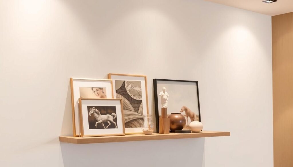 A sleek, minimalist wall-mounted display shelf, tilted at a gentle angle, showcasing an artful arrangement of framed paintings, sculptures, and decorative objects. The shelf is crafted from smooth, natural wood, its clean lines and subtle grain providing a perfect backdrop for the carefully curated collection. Soft, diffused lighting from above casts a warm, gallery-like ambiance, highlighting the textures and hues of the displayed artwork. The shelf's subtle lean creates an inviting, dynamic composition, drawing the viewer's eye across the carefully balanced pieces. This innovative, nail-free solution offers a stylish, versatile way to showcase a personal art collection without damaging walls.