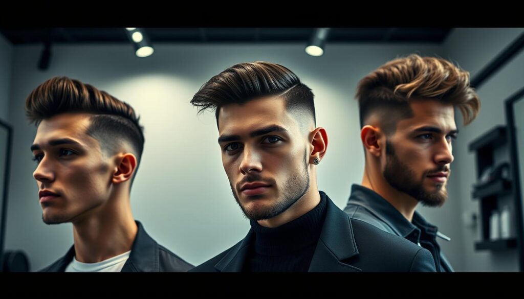 A sleek, modern barbershop interior with minimalist decor and clean lines. Three dapper male models showcasing a range of contemporary hairstyles - a tight, textured crop, a sophisticated side part, and a messy, tousled quiff. Soft, directional lighting from above and behind, casting dramatic shadows and highlights on their stylish coiffures. The models have diverse ethnicities and ages, embodying the versatility of these modern men's haircuts. The overall mood is one of urban sophistication, where style and substance seamlessly converge. A sleek, modern barbershop interior with minimalist decor and clean lines. Three dapper male models showcasing a range of contemporary hairstyles - a tight, textured crop, a sophisticated side part, and a messy, tousled quiff. Soft, directional lighting from above and behind, casting dramatic shadows and highlights on their stylish coiffures. The models have diverse ethnicities and ages, embodying the versatility of these modern men's haircuts. The overall mood is one of urban sophistication, where style and substance seamlessly converge.