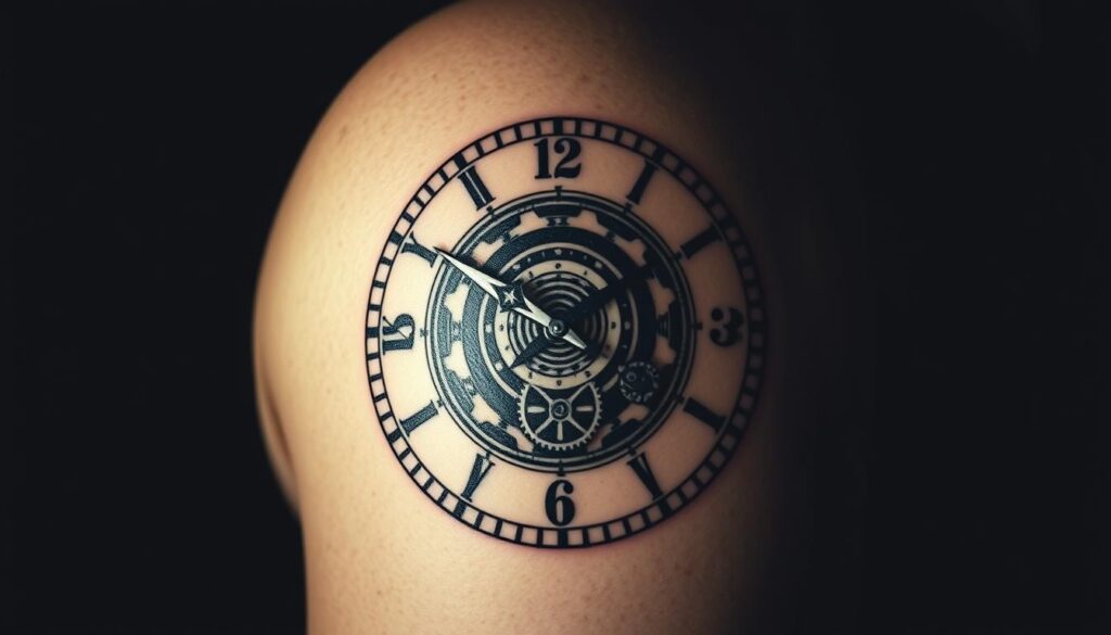 A sleek, modern clock face with intricate gear-like designs and patterns, rendered in a black-and-gray color scheme. The tattoo design features clean lines, sharp angles, and a minimalist aesthetic, evoking a sense of precision and technological sophistication. The clock is set against a backdrop of subtle gradients and textures, creating depth and visual interest. Lit by dramatic, high-contrast lighting that casts dramatic shadows, highlighting the angular and geometric elements of the design. Captured from a medium close-up angle, emphasizing the bold, statement-making nature of the tattoo.