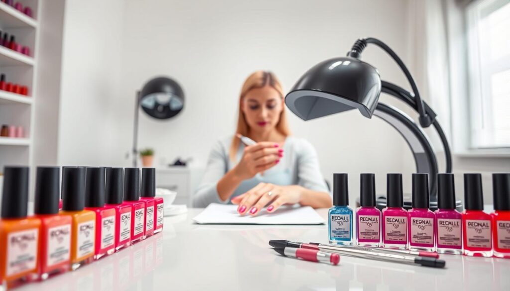 A sleek, modern manicure station showcasing the essentials of gel nail application. In the foreground, an array of vibrant gel polish bottles in a range of colors, complemented by a professional-grade LED lamp. In the middle ground, a model's hands delicately receiving a gel manicure, the technician's tools meticulously arranged. The background features a minimalist, light-filled studio setting with clean white walls and soft, diffused lighting, creating a serene, spa-like atmosphere. The overall composition emphasizes the precision, care, and attention to detail inherent in the gel nail process, inviting the viewer to appreciate the art of long-lasting, flawless nails.