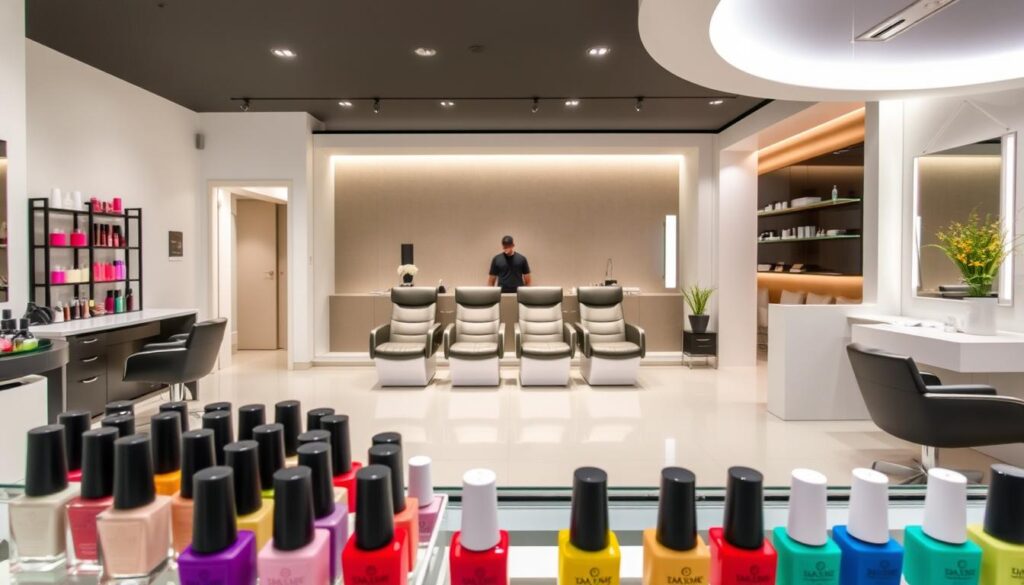 A sleek, modern nail salon interior with a stylish display of various nail service options. A well-lit, spacious room with minimalist decor and clean lines. In the foreground, a selection of nail polish bottles in an array of vibrant colors, arranged neatly on a glass display. In the middle ground, a large mirror with a row of comfortable-looking salon chairs, where customers can enjoy their manicure or pedicure treatments. The background features a soothing, neutral-toned accent wall, complemented by soft, diffused lighting that creates a relaxing ambiance. The overall scene conveys a sense of professionalism, luxury, and attention to detail, reflecting the range of nail services available. A sleek, modern nail salon interior with a stylish display of various nail service options. A well-lit, spacious room with minimalist decor and clean lines. In the foreground, a selection of nail polish bottles in an array of vibrant colors, arranged neatly on a glass display. In the middle ground, a large mirror with a row of comfortable-looking salon chairs, where customers can enjoy their manicure or pedicure treatments. The background features a soothing, neutral-toned accent wall, complemented by soft, diffused lighting that creates a relaxing ambiance. The overall scene conveys a sense of professionalism, luxury, and attention to detail, reflecting the range of nail services available.