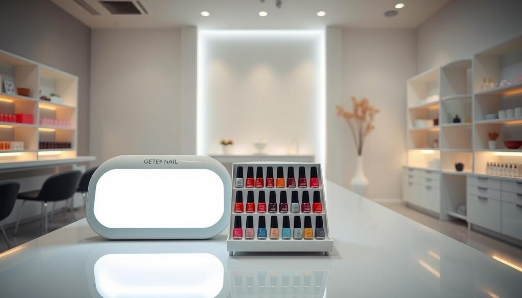 A sleek, modern nail salon interior with a stylish gel manicure setup in the foreground. Bright, natural lighting floods the space, casting a warm, inviting glow. In the center, a neatly organized display showcases various gel nail polish shades. Beside it, a high-tech LED lamp casts a soft, therapeutic light, indicating the precise timing for the gel curing process. In the background, a minimalist, minimalist-inspired decor creates a tranquil, spa-like ambiance, perfectly complementing the focus on the manicure procedure. A sleek, modern nail salon interior with a stylish gel manicure setup in the foreground. Bright, natural lighting floods the space, casting a warm, inviting glow. In the center, a neatly organized display showcases various gel nail polish shades. Beside it, a high-tech LED lamp casts a soft, therapeutic light, indicating the precise timing for the gel curing process. In the background, a minimalist, minimalist-inspired decor creates a tranquil, spa-like ambiance, perfectly complementing the focus on the manicure procedure.