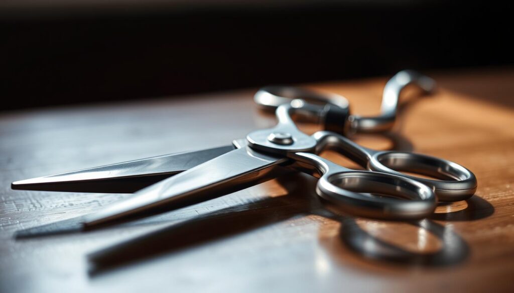 A sleek, professional pair of silver hair cutting scissors lying on a wooden table, with a focused, close-up view. The scissors have sharp, precision-ground blades and ergonomic handles for a comfortable grip. Soft, directional lighting illuminates the shiny, metallic surface, creating highlights and shadows that accentuate the intricate details. The background is blurred, keeping the scissors as the central and sole focus of the image, conveying a sense of high-quality craftsmanship and attention to detail. A sleek, professional pair of silver hair cutting scissors lying on a wooden table, with a focused, close-up view. The scissors have sharp, precision-ground blades and ergonomic handles for a comfortable grip. Soft, directional lighting illuminates the shiny, metallic surface, creating highlights and shadows that accentuate the intricate details. The background is blurred, keeping the scissors as the central and sole focus of the image, conveying a sense of high-quality craftsmanship and attention to detail.