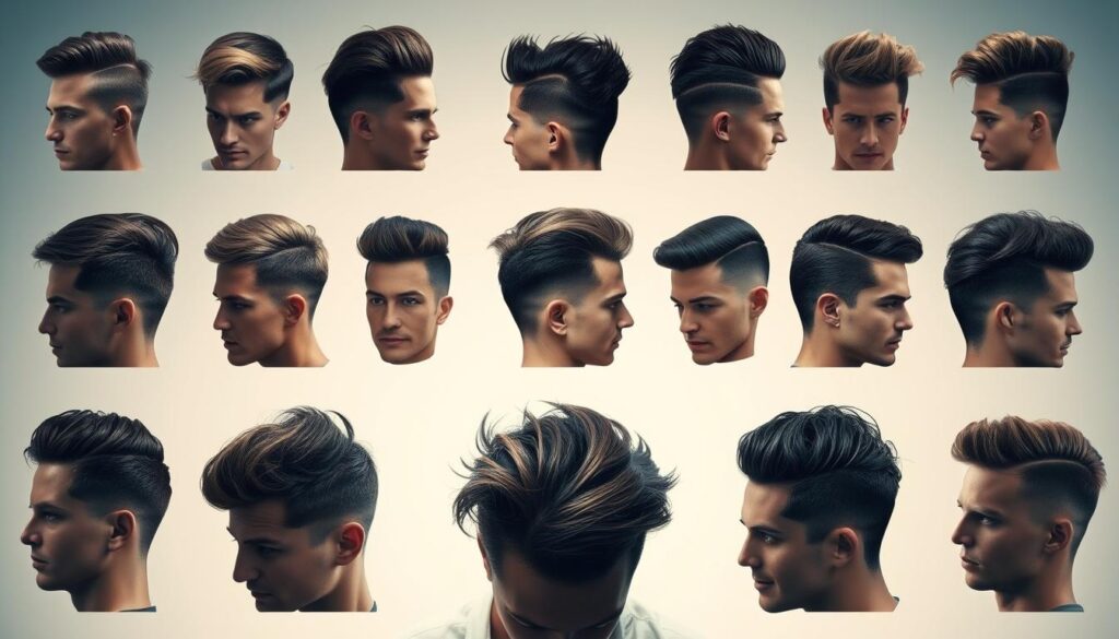 A sleek, sophisticated collection of stylish men's hairstyles arranged in a visually appealing layout. The foreground features a variety of contemporary cuts, from slicked-back undercuts to textured quiffs, each showcased against a softly blurred background. Subtle studio lighting accentuates the depth and dimension of the hair, creating a sense of elegance and refinement. The overall composition is balanced and harmonious, inviting the viewer to explore the diverse range of modern and classic hairstyle options suitable for different hair types and face shapes. A sleek, sophisticated collection of stylish men's hairstyles arranged in a visually appealing layout. The foreground features a variety of contemporary cuts, from slicked-back undercuts to textured quiffs, each showcased against a softly blurred background. Subtle studio lighting accentuates the depth and dimension of the hair, creating a sense of elegance and refinement. The overall composition is balanced and harmonious, inviting the viewer to explore the diverse range of modern and classic hairstyle options suitable for different hair types and face shapes.