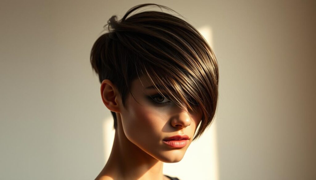 A sleek, stylish wolf cut hairstyle takes center stage against a minimalist backdrop. The model's face is partially obscured, drawing attention to the dynamic layers and texture of the asymmetrical cut. Soft, warm lighting from the side creates depth and dimension, accentuating the volume and movement of the hair. The overall mood is one of effortless sophistication, showcasing the latest techniques and inspirations for transforming short hair into a bold, fashion-forward statement.