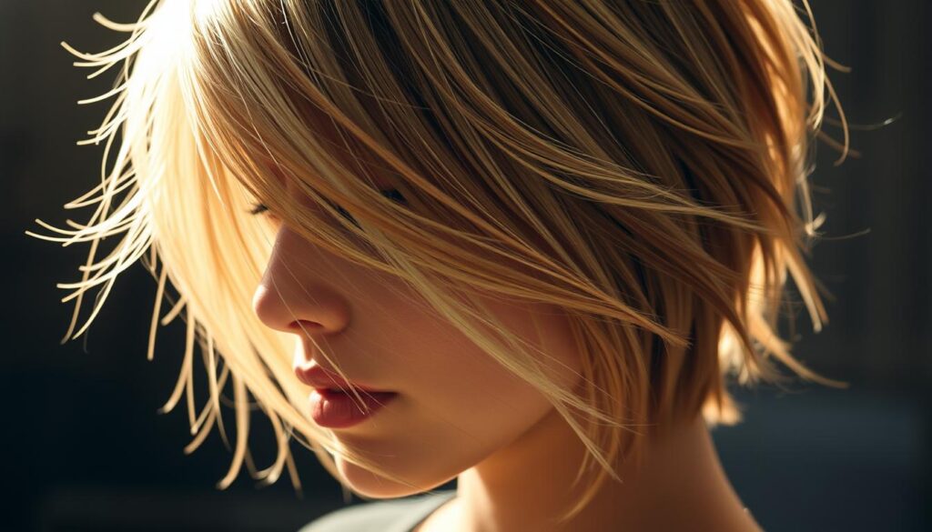 A sleek, stylized wolf haircut with sharply defined layers, illuminated by soft, warm lighting and captured at a flattering angle. The strands flow with effortless movement, creating an alluring, tousled texture. The close-up focus highlights the intricate interplay of light and shadow, showcasing the dynamic volume and texture of the cut. The overall aesthetic conveys a sense of edgy sophistication, perfectly suited for the "Introduction to the Wolf Cut" section.