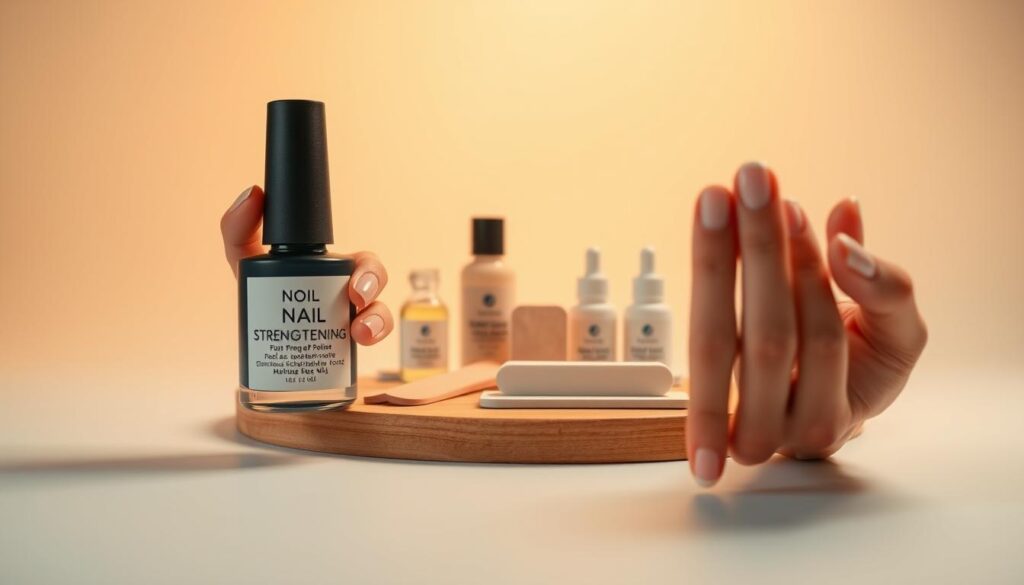 A sleek, well-lit studio scene showcasing various nail strengthening techniques. In the foreground, a set of neatly manicured hands demonstrates the application of a strengthening nail polish, the bottle's label prominently displayed. In the middle ground, a selection of nail files, buffing blocks, and cuticle oils are artfully arranged on a minimalist wooden surface. The background features a soft, slightly blurred gradient, creating a sense of depth and focus on the nail care products. Warm, diffused lighting from above casts gentle shadows, emphasizing the textures and details of the scene. The overall mood is one of simplicity, professionalism, and attention to nail health. A sleek, well-lit studio scene showcasing various nail strengthening techniques. In the foreground, a set of neatly manicured hands demonstrates the application of a strengthening nail polish, the bottle's label prominently displayed. In the middle ground, a selection of nail files, buffing blocks, and cuticle oils are artfully arranged on a minimalist wooden surface. The background features a soft, slightly blurred gradient, creating a sense of depth and focus on the nail care products. Warm, diffused lighting from above casts gentle shadows, emphasizing the textures and details of the scene. The overall mood is one of simplicity, professionalism, and attention to nail health.