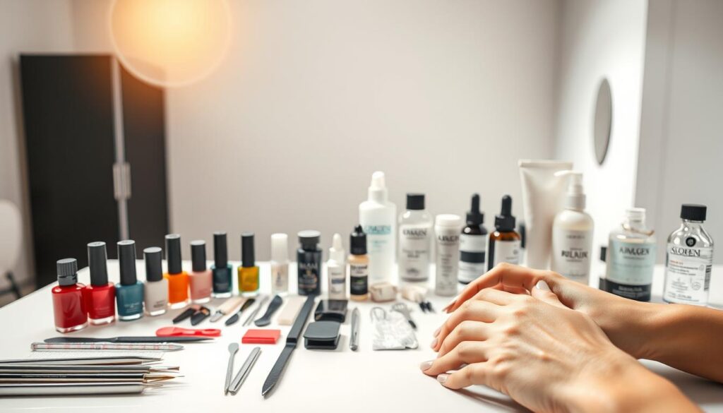 A sleek, well-lit studio setting showcasing professional nail treatment options. In the foreground, a woman's hands resting on a pristine white surface, showcasing a variety of nail polish bottles, nail files, buffers, and cuticle tools neatly arranged. The middle ground features a selection of high-quality nail care products, such as strengthening serums, hydrating oils, and professional-grade nail polish remover. The background is softly blurred, creating a sense of focus on the nail care tools and products. Warm, natural lighting from above casts a subtle glow, highlighting the textures and materials. The overall mood is one of sophistication, professionalism, and attention to detail, reflecting the expertise of a skilled nail technician. A sleek, well-lit studio setting showcasing professional nail treatment options. In the foreground, a woman's hands resting on a pristine white surface, showcasing a variety of nail polish bottles, nail files, buffers, and cuticle tools neatly arranged. The middle ground features a selection of high-quality nail care products, such as strengthening serums, hydrating oils, and professional-grade nail polish remover. The background is softly blurred, creating a sense of focus on the nail care tools and products. Warm, natural lighting from above casts a subtle glow, highlighting the textures and materials. The overall mood is one of sophistication, professionalism, and attention to detail, reflecting the expertise of a skilled nail technician.
