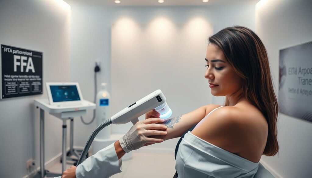 A sleek, well-lit studio setting with a professional tattoo removal procedure taking place. In the foreground, a technician in a white lab coat carefully operates a high-tech laser device on a person's arm, removing an intricate tattoo design. The subject's expression conveys both discomfort and relief. The middle ground showcases various FDA-approved safety equipment and signage, emphasizing the regulated, sterile environment. The background features a minimalist, clinical backdrop with subtle medical imagery, underscoring the medical nature of the procedure. Soft, directional lighting creates a sense of professionalism and attention to detail. The overall mood is one of safety, trust, and expertise in the tattoo removal process.