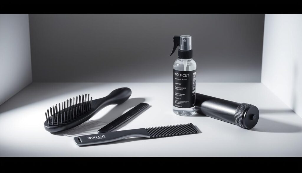 A sleek, well-lit studio shot of an arrangement of wolf cut styling tools, including a round brush, a wide-tooth comb, and a texturizing spray bottle. The tools are positioned on a clean, minimalist surface, with soft, diffused lighting creating depth and highlighting the details of the products. The overall mood is professional, stylish, and focused on the key elements needed to achieve the perfect wolf cut hairstyle.
