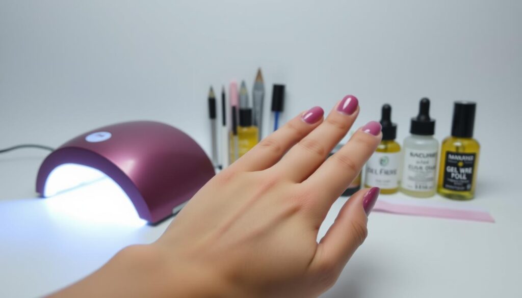 A sleek, well-manicured hand against a clean, minimalist background. In the foreground, the nails are adorned with a lustrous gel polish, the light catching the glossy finish. In the middle ground, various gel manicure tools and products are neatly arranged, including a UV/LED lamp, nail files, and cuticle oil. The background is a soft, diffused gradient, creating a sense of focus and emphasis on the gel manicure elements. The overall mood is one of refinement, attention to detail, and the promise of long-lasting, professional-quality nails.