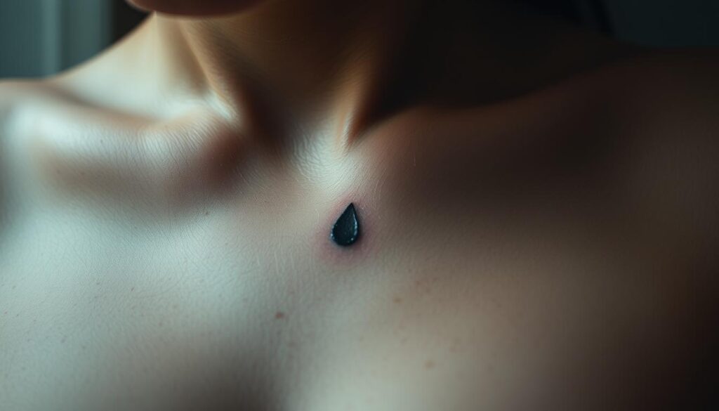 A solitary teardrop tattoo, delicately inked on a weathered skin, casts a somber, introspective aura. The tattoo's design is minimalist yet profound, a symbolic representation of profound loss, sorrow, or a bittersweet life journey. The lighting is soft, with a warm, muted palette that evokes a contemplative mood. The focus is on the tattoo, which occupies the central frame, while the surrounding details remain slightly blurred, drawing the viewer's gaze inward. The composition conveys a sense of vulnerability, a quiet acknowledgment of the emotional weight carried by the wearer of this meaningful ink. A solitary teardrop tattoo, delicately inked on a weathered skin, casts a somber, introspective aura. The tattoo's design is minimalist yet profound, a symbolic representation of profound loss, sorrow, or a bittersweet life journey. The lighting is soft, with a warm, muted palette that evokes a contemplative mood. The focus is on the tattoo, which occupies the central frame, while the surrounding details remain slightly blurred, drawing the viewer's gaze inward. The composition conveys a sense of vulnerability, a quiet acknowledgment of the emotional weight carried by the wearer of this meaningful ink.