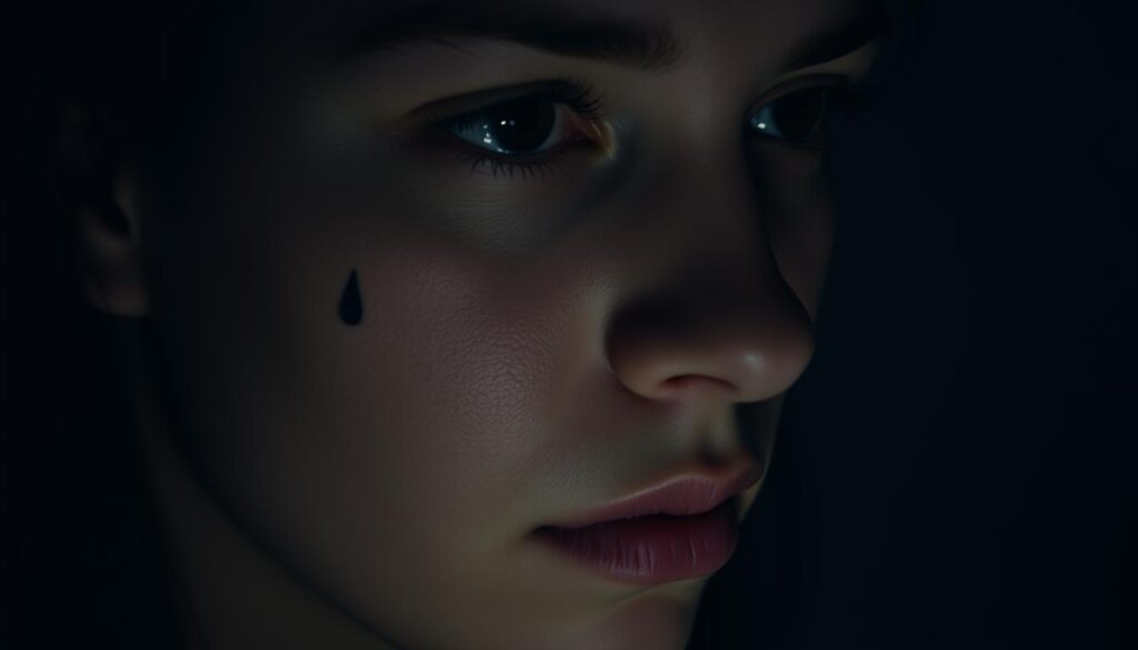 A somber, close-up portrait of a person's face, with a single teardrop tattoo on their cheek. The subject's expression is pensive, with a distant, introspective gaze, conveying a sense of sorrow, regret, or deep emotional turmoil. The lighting is soft and moody, casting subtle shadows that accentuate the contours of the face. The background is blurred, keeping the focus solely on the face and the meaningful tattoo. The overall atmosphere is one of vulnerability, introspection, and the profound personal stories that can be hidden behind the simplicity of a single teardrop. A somber, close-up portrait of a person's face, with a single teardrop tattoo on their cheek. The subject's expression is pensive, with a distant, introspective gaze, conveying a sense of sorrow, regret, or deep emotional turmoil. The lighting is soft and moody, casting subtle shadows that accentuate the contours of the face. The background is blurred, keeping the focus solely on the face and the meaningful tattoo. The overall atmosphere is one of vulnerability, introspection, and the profound personal stories that can be hidden behind the simplicity of a single teardrop.