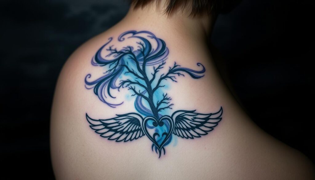 A somber memorial tattoo against a dark, moody background. In the foreground, intricate black linework forms a symbolic design - a pair of wings, a tree, or a heart - each element imbued with deep personal meaning. The midground features swirling, ethereal shades of blue, purple, and indigo, representing the profound sorrow and loss associated with the tattoo's purpose. The background is a shadowy, atmospheric landscape, adding a pensive, contemplative tone. Soft, directional lighting casts dramatic shadows, emphasizing the gravity and significance of the memorial piece. The overall composition conveys the powerful emotional impact of color symbolism in commemorative body art.