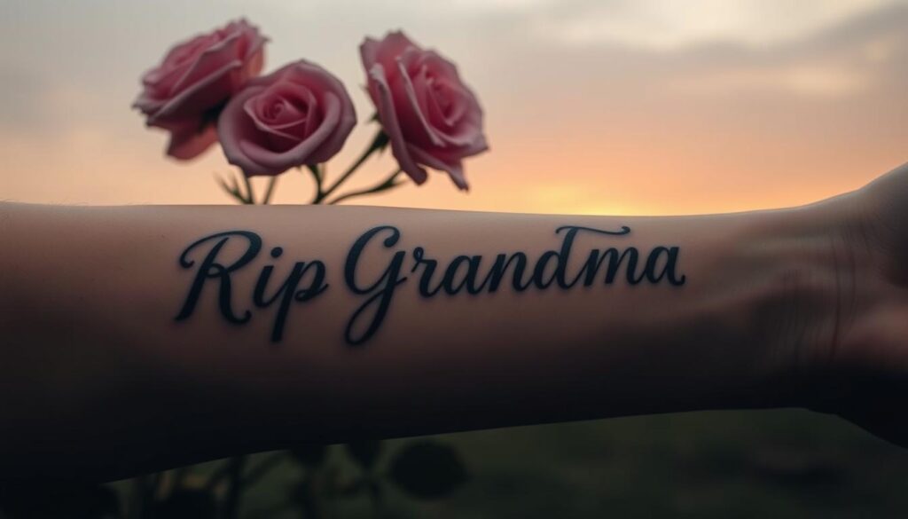 A somber memorial tattoo of a handwritten "Rip Grandma" script against a backdrop of delicate roses and a hazy sunset. The ink flows in intricate strokes, conveying the weight of loss and the enduring love for a cherished family member. Soft, muted lighting casts a melancholic tone, while the tattoo's placement on the forearm suggests a personal, heartfelt tribute. The overall composition evokes a sense of reverence and quiet reflection, capturing the essence of a meaningful memorial.