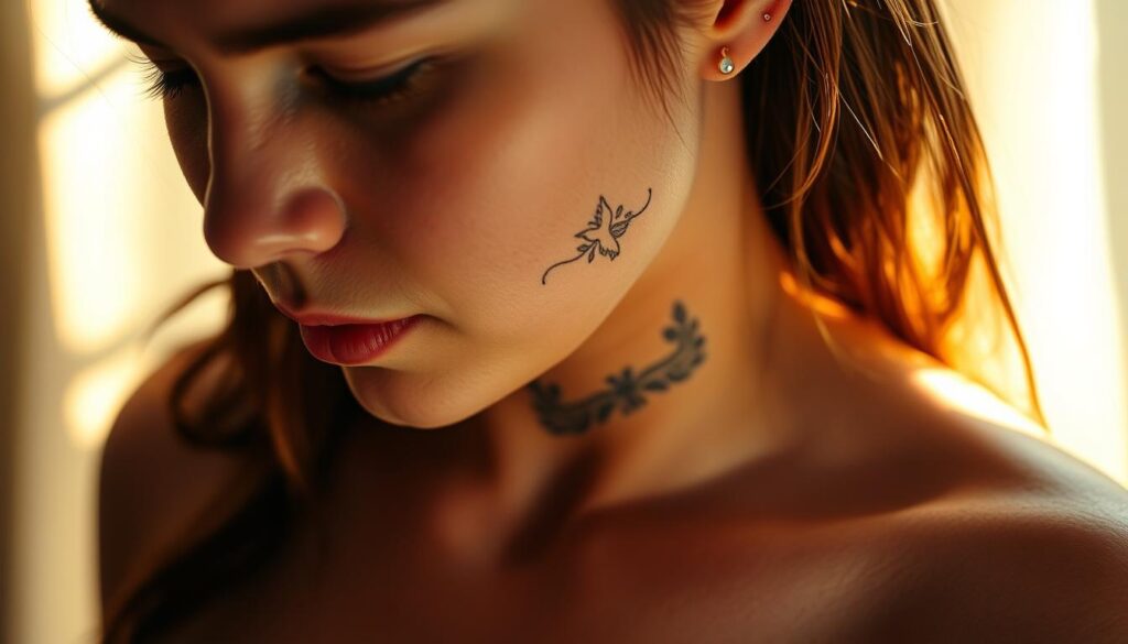 A soulful memorial tattoo, its delicate lines etching a heartfelt tribute. The intricate design takes center stage, a mesmerizing blend of symbolic elements - a soaring bird, a blossoming flower, a serene landscape. Soft shadows dance across the skin, lending depth and emotion to the artwork. The subject's expression is pensive, eyes downcast, a single tear glistening - a poignant display of the profound significance this tattoo holds. The lighting is warm and gentle, casting a ethereal glow that amplifies the tattoo's profound meaning. Captured in an intimate close-up, the viewer is drawn into the subject's moment of quiet reflection, a testament to the enduring connection and unwavering love that memorial tattoos represent.