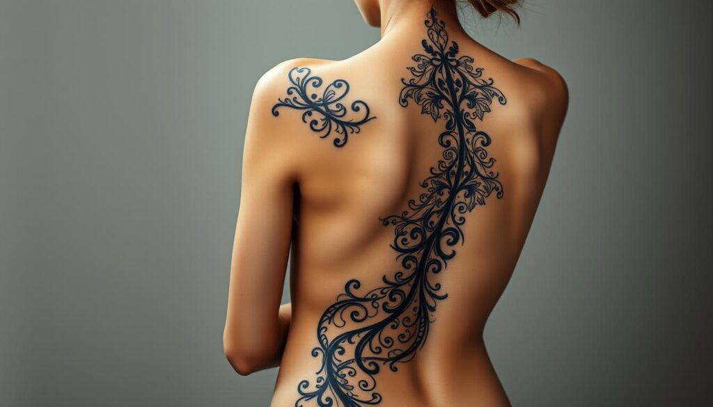 A spine draped in bold, elegant tattoo designs. The intricate patterns cascade down the back, a tapestry of lines and curves that intertwine with the natural curves of the body. Soft, diffused lighting accentuates the delicate details, creating a chiaroscuro effect that highlights the contrast between light and shadow. The overall impression is one of strength and femininity, a harmonious balance that empowers the wearer. The tattoos are the focal point, commanding attention while seamlessly integrating with the model's pose and physique. A sense of confident, feminine allure pervades the scene, inviting the viewer to appreciate the beauty and artistry of these bold spine tattoo designs.