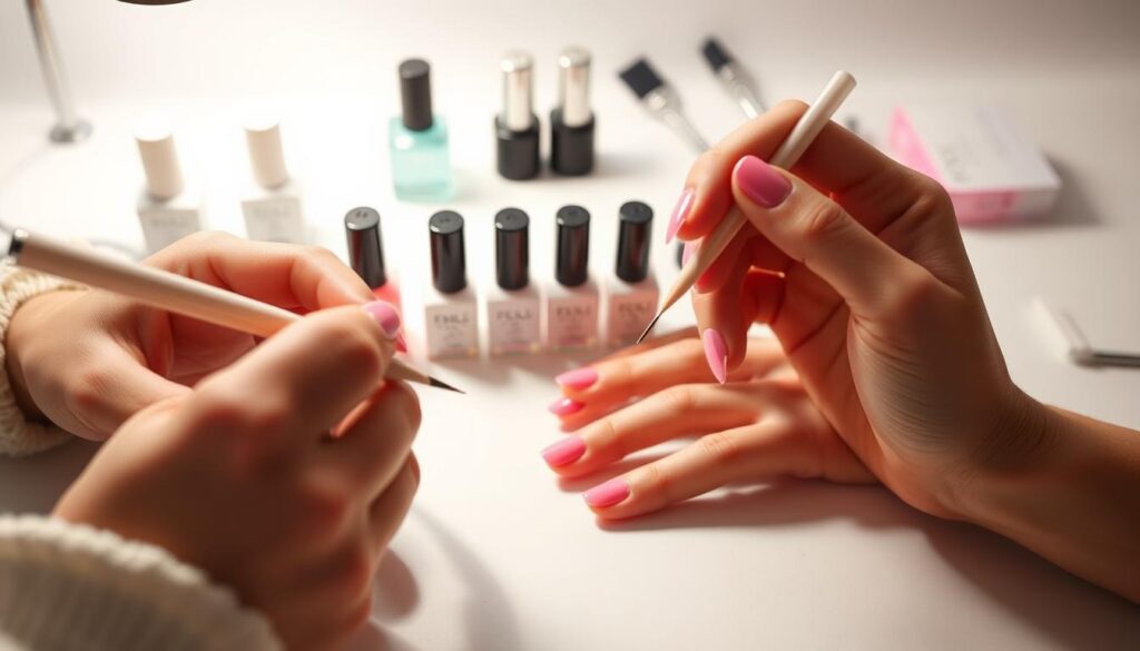 A step-by-step guide to applying gel nail polish with salon-quality results. Visible hands delicately painting nails in the foreground, using high-quality gel polish and applicator brushes. Diffused, soft lighting illuminates the process, casting gentle shadows. The middle ground displays various gel polish bottles and tools neatly arranged, while the background is a clean, minimalist workspace, creating a serene, professional atmosphere. Attention to detail and a meticulous, focused technique are emphasized, showcasing the skills required for a perfect at-home gel manicure. A step-by-step guide to applying gel nail polish with salon-quality results. Visible hands delicately painting nails in the foreground, using high-quality gel polish and applicator brushes. Diffused, soft lighting illuminates the process, casting gentle shadows. The middle ground displays various gel polish bottles and tools neatly arranged, while the background is a clean, minimalist workspace, creating a serene, professional atmosphere. Attention to detail and a meticulous, focused technique are emphasized, showcasing the skills required for a perfect at-home gel manicure.