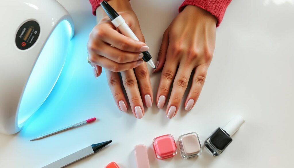 A step-by-step process of applying gel nails at home. The image shows a close-up view of a person's hands on a clean, white surface. In the foreground, various gel nail products are neatly arranged, including a UV/LED lamp, nail file, cuticle pusher, and different colored gel polishes. In the middle ground, the hands are carefully applying a base coat of gel polish to the nails, creating a smooth, glossy finish. The lighting is soft and natural, highlighting the intricate details of the nail application process. The overall mood is one of precision, focus, and the satisfaction of a successful DIY gel manicure. A step-by-step process of applying gel nails at home. The image shows a close-up view of a person's hands on a clean, white surface. In the foreground, various gel nail products are neatly arranged, including a UV/LED lamp, nail file, cuticle pusher, and different colored gel polishes. In the middle ground, the hands are carefully applying a base coat of gel polish to the nails, creating a smooth, glossy finish. The lighting is soft and natural, highlighting the intricate details of the nail application process. The overall mood is one of precision, focus, and the satisfaction of a successful DIY gel manicure.