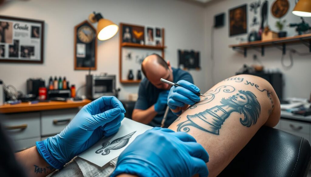 A step-by-step tattoo process unfolding in a clean, well-lit studio. In the foreground, a tattooist's gloved hands carefully preparing the skin, stenciling the design. The middle ground features the tattooist meticulously inking the outline, pausing to wipe away excess ink. In the background, an array of tattoo machines, inks, and other tools of the trade. The scene conveys a sense of focus, precision, and the care taken to ensure a safe, professional tattoo experience.